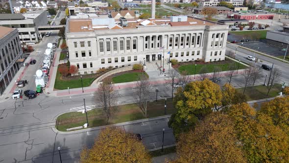 Aerial view Kenosha County, Wisconsin, Court House, on clear blue day. Autumn foliage glowing.