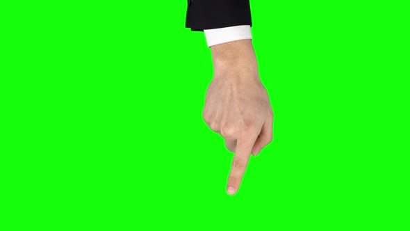 Man Hand in Black Jacket and White Shirt Is Performing Swipe Up at Tablet Screen Gesture on Green