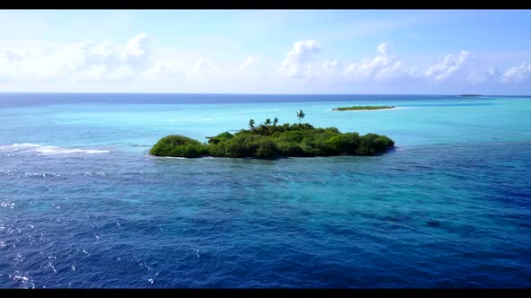 Aerial drone sky of paradise shore beach journey by turquoise sea and white sand background of a day