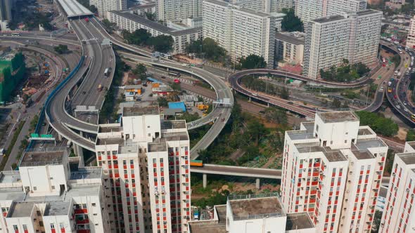 Drone fly over Hong Kong city