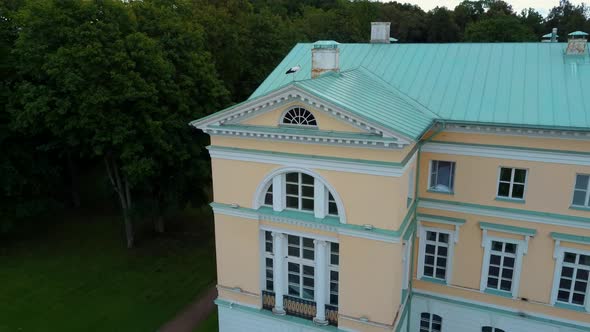 Stork on the Roof of  the Old Mezotne Castle. Aerial Dron Shot.