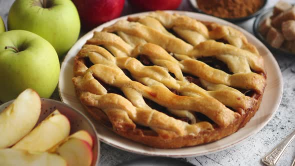 Traditional Baked Apple Pie Cake Served on Ceramic Plate