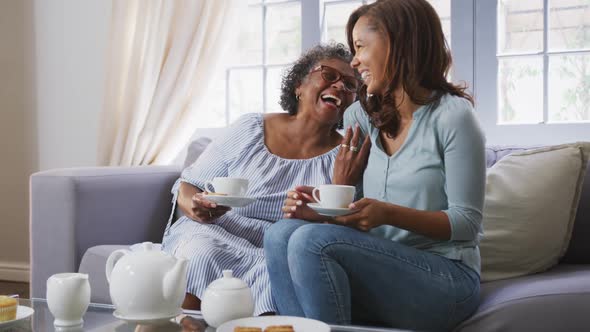 Senior mixed race woman drinking tea with her daughter in social distancing