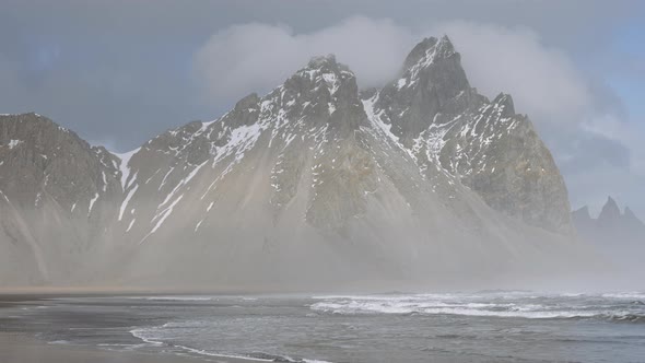 Beach With Misty Vestrahorn Mountain