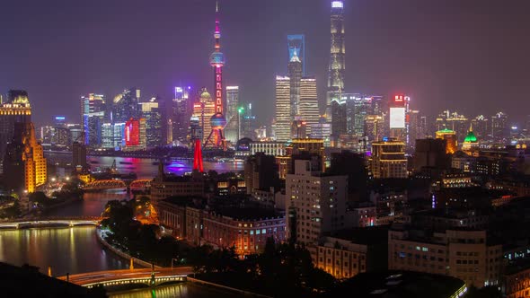 Shanghai Wusong River or Suzhou Creek Urban Cityscape Aerial Skyline Panorama Timelapse Zoom Out