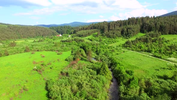 Aerial view of Jesenica river and surrounding in Croatian region Lika.