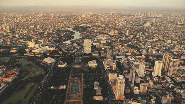 Sunset Over Metropolis Cityscape Aerial