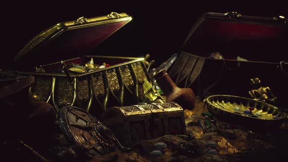 Treasures in a Dark Cave with Coins Diamonds and Gold