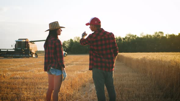 Two Farmers Talking in a Wheat Field Against Blue Sky. Team Farmers Stand in a Wheat Field with