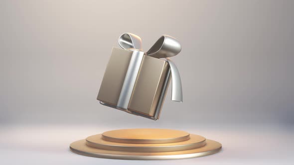 3d Render of Golden Gift Box Flying and Rotating in Studio with Stage