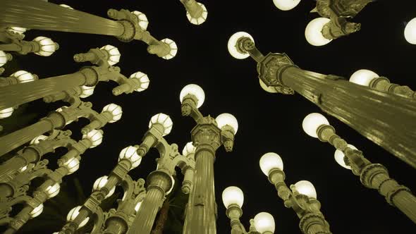 Low angle view of the Urban Light, in Los Angeles, at night
