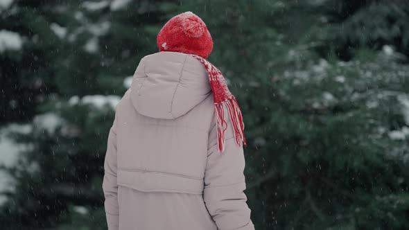 Tracking Shot Happy Excited Woman Walking and Playfully Walking in Park at Snowfall Time