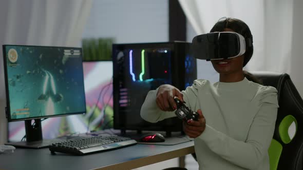 Winner Player Holding Joystick Playing Videogame Using VR