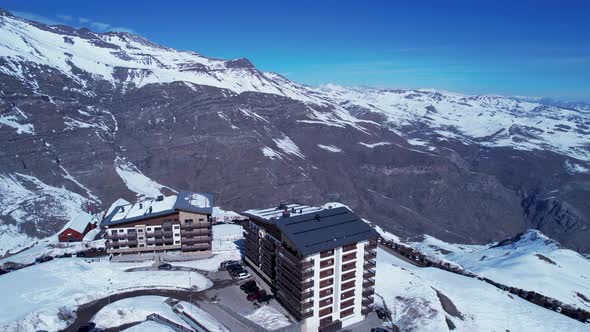 Ski station center at Andes Mountains. Snow winterness scenery.