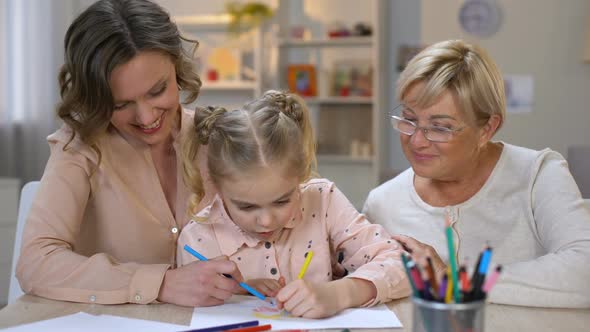 Elderly Mother, Daughter and Grandchild Drawing by Color Pencils, Time Together