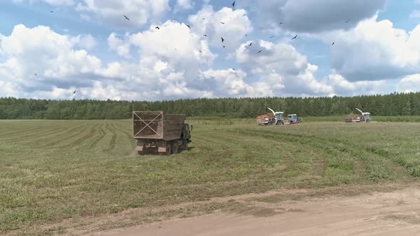 Drone view of A truck is driving across the field and is approaching the harvesters 28