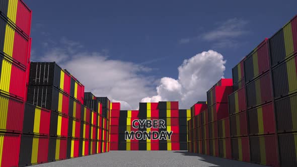 Cargo Containers with CYBER MONDAY Text and Flags of Belgium