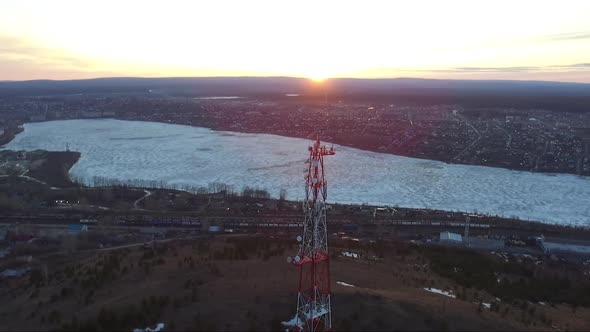 Aerial View Communication Tower Cell Phone Tower on the Hill