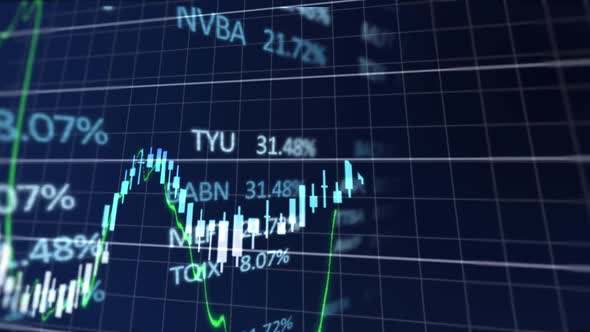 Animation of stock market display with stock market tickers and graphs 4k