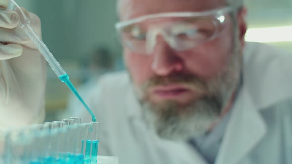 Senior Scientist Pouring Blue Liquid Substance in Test Tubes in Lab