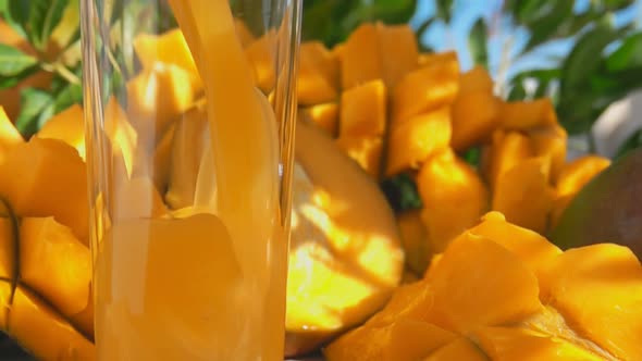 Closeup of a Mango Juice Flawing Into the Glass on the Table Full of Ripe Mango