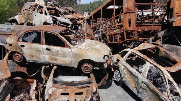 Shot and Burned Cars in the City of Irpen Near Kyiv Ukraine