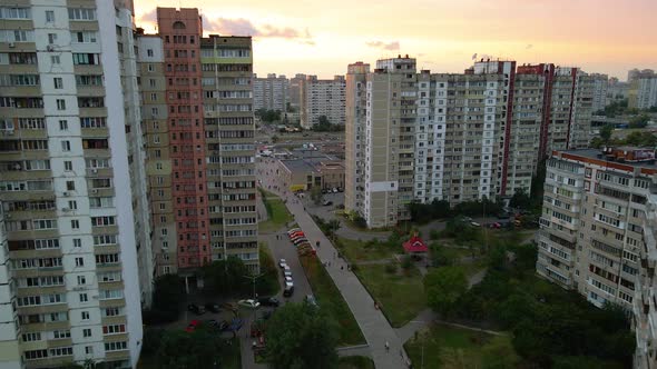 Aerial view in between old soviet architecture buildings, in a poor ghetto district of Kyiv, during