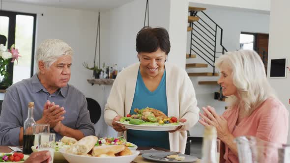 Happy senior diverse people having dinner at retirement home