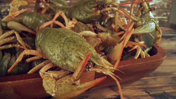 Live Crayfish on a Wooden Table