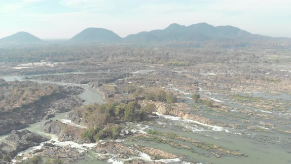 Aerial: flying over Don Det and the 4000 islands Mekong River in Laos