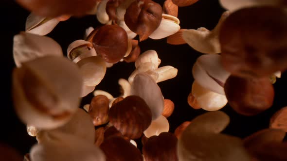 Super Slow Motion Closeup Shot of Falling Various Nuts From Behind Camera on Black at 1000Fps