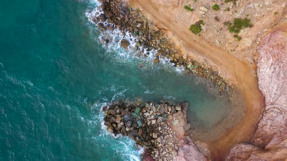 Top View of the Mediterranean Coast Waves Reach the Deserted Shore