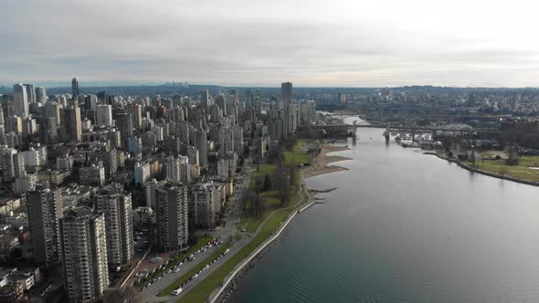 Various drone shots at English Bay near downtown Vancouver, BC during Polar Bear 2019 event