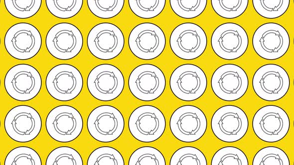 Round recycling symbols in pattern on a yellow background. Seamless loop dynamic pattern alt