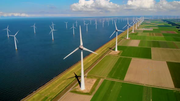 Windmill Park in the Ocean Drone Aerial View of Windmill Turbines Generating Green Energy Electric