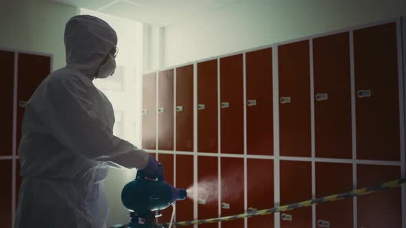 Video of worker disinfection school during a pandemic. Shot with RED helium camera in 8K.