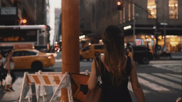 Young Beautiful Woman with Shopping Bags Walking in Downtown of New York, America, Crossing the