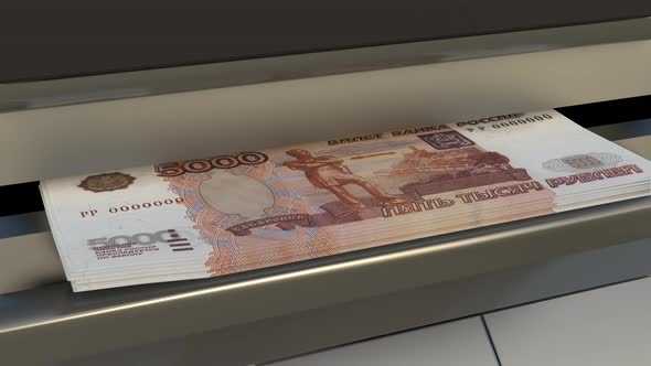 5000 Russian rubles in cash dispenser. Withdrawal of cash from an ATM.