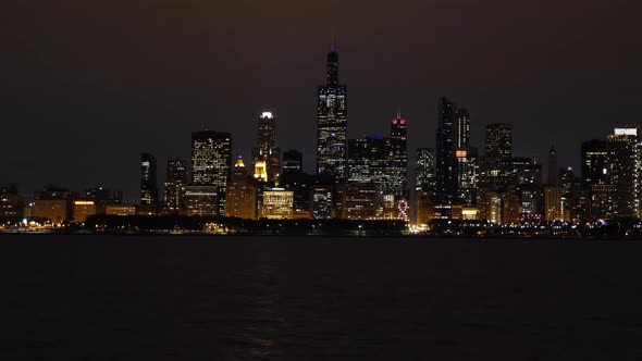 Chicago USA Night Cityscape Skyline Lights on Downtown Skyscrapers