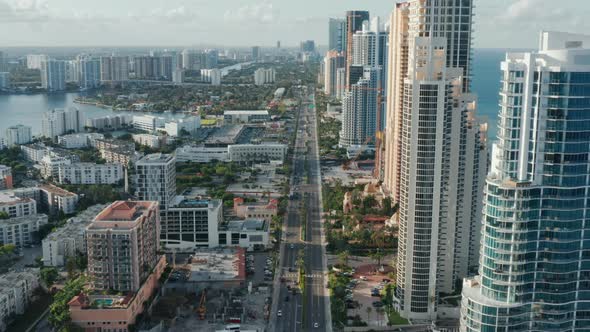 Miami City Scenic Skyline, Amazing Straight Shot of the Collins Avenue  Aerial