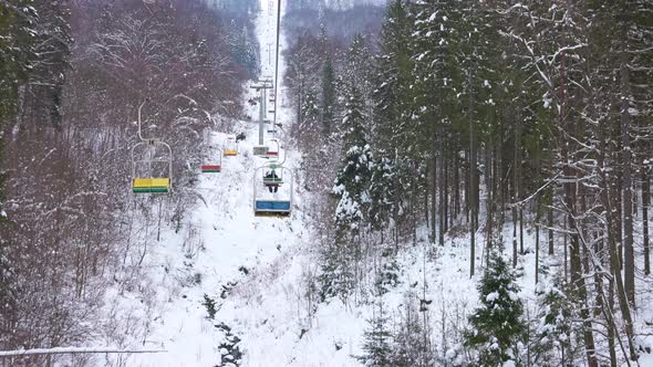 High View From the Ski Lift Above the Forest Path in the Beautiful Carpathian Mountains
