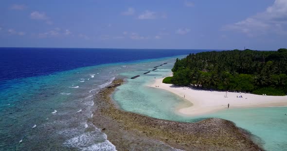 Tropical above copy space shot of a summer white paradise sand beach and turquoise sea background in