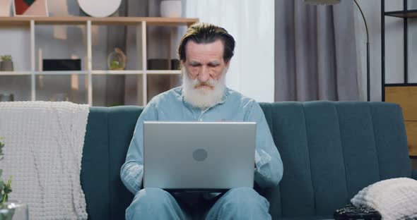 Bearded Man Sitting on the Sofa in Cozy Living-Room and Working on computer