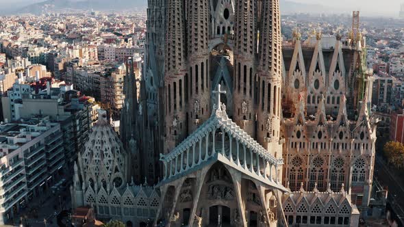 Aerial View of Expiatory Temple Church Basilica of the Sagrada Familia in Barcelona Catalonia Spain