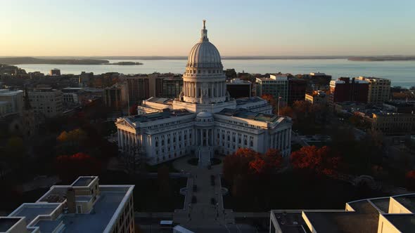 aerial footage of madison city in wisconsin state capitol