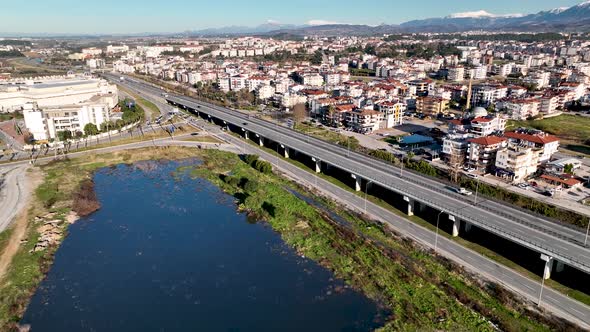 Road traffic on the bridge Aerial View 4 K Turkey Manavgat