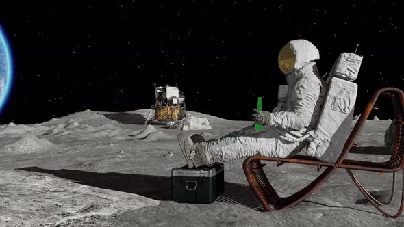 Lunar astronaut drinking beer sitting in easy beach chair on Moon surface, enjoying view of Earth. alt