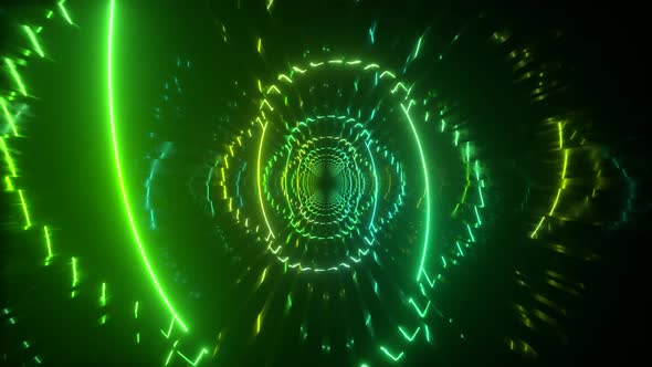 Gradient Neon Spiral Metal Tunnel Background. Endless Flight Forward. Modern Neon Lighting. Seamless