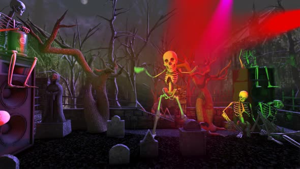 Skeleton dancing in a disco graveyard