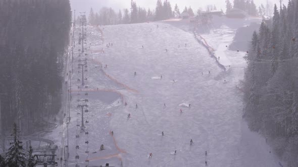 Skiers and Snowboarders Ride on a Snowy Slope at a Ski Resort in Sunny Day